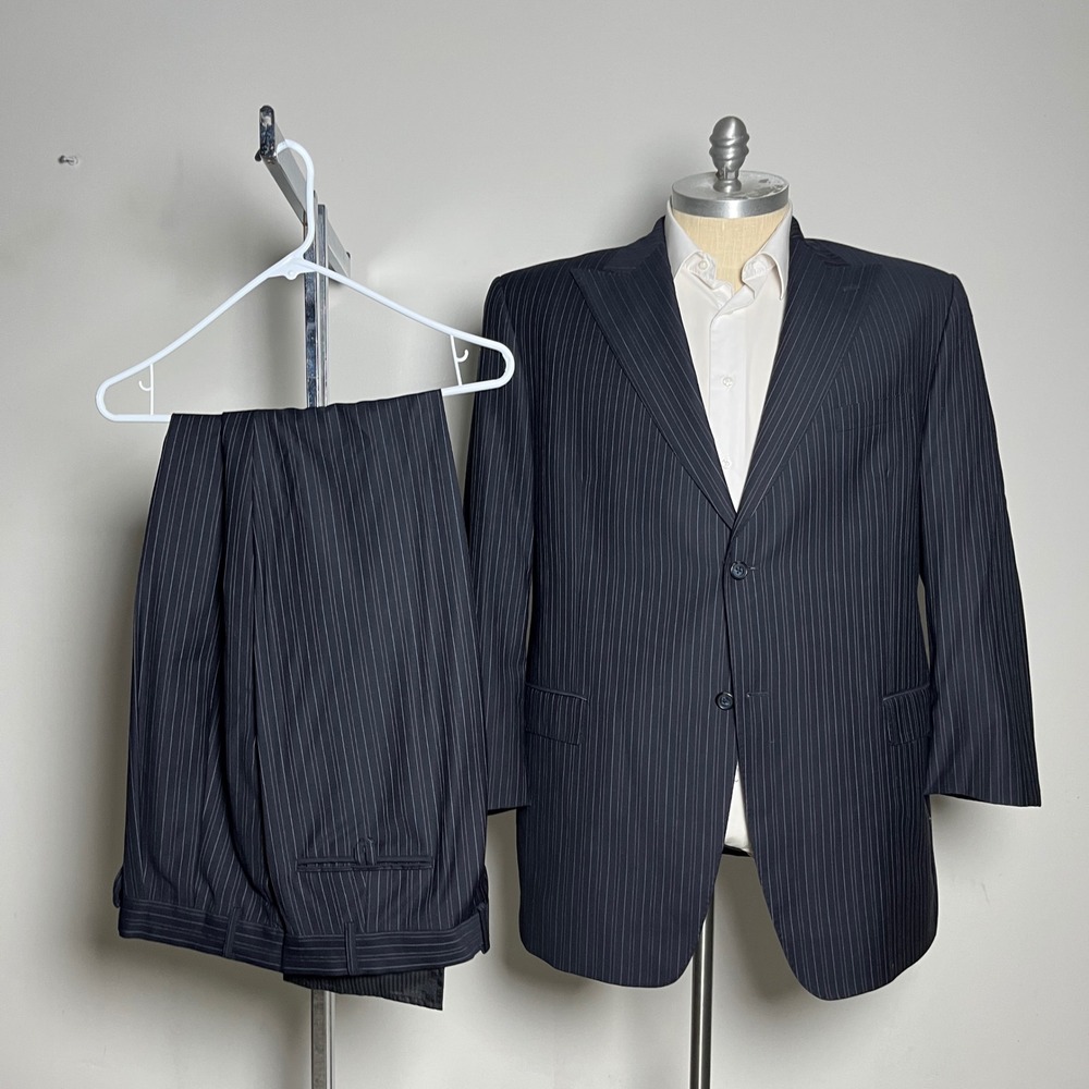 Sean John Suit Mens 48L W41 L30.5 Navy Blue Pinstripe 100% Wool 2-Piece‎ Set